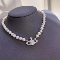 Freshwater Pearl Brass Necklace with Brass & for woman & with rhinestone white Length Approx 14-15 Inch Sold By PC
