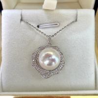 Freshwater Pearl Brass Necklace, with Brass, for woman & with rhinestone, white, 13-14mm, Length:Approx 15 Inch, Sold By PC