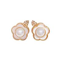 Freshwater Pearl Earrings, with Brass, for woman & with rhinestone, white, 6-6.5mm, Sold By Pair