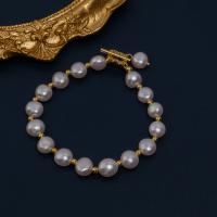 Freshwater Cultured Pearl Bracelet, Freshwater Pearl, with Brass, gold color plated, fashion jewelry & for woman & with rhinestone, white, 7-8mm, Length:Approx 6.3 Inch, Sold By PC