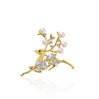Christmas Brooches Brass with Cubic Zirconia & Plastic Pearl Deer gold color plated Christmas Design & Unisex golden nickel lead & cadmium free Sold By PC