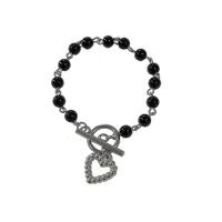 Resin Bracelets, Tibetan Style, with Glass Beads, Heart, silver color plated, fashion jewelry & for woman, black, nickel, lead & cadmium free, Length:17 cm, Sold By PC