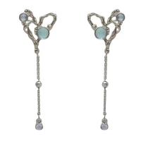 Tibetan Style Drop Earrings, with Glass Rhinestone, Heart, silver color plated, fashion jewelry & for woman, silver color, nickel, lead & cadmium free, 17x81mm, Sold By Pair
