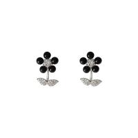 Tibetan Style Stud Earring, with Glass Beads, Flower, silver color plated, fashion jewelry & for woman & with rhinestone, black, nickel, lead & cadmium free, 12x27mm, Sold By Pair