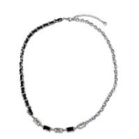Titanium Steel Necklace, with Glass Rhinestone & leather cord & Tibetan Style, with 6.5cm extender chain, silver color plated, fashion jewelry & for woman, Length:49 cm, Sold By PC