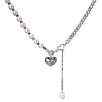 Titanium Steel Necklace with Plastic Pearl & Brass with 6.5cm extender chain Heart silver color plated fashion jewelry & for woman silver color Length 41 cm Sold By PC