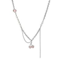 Titanium Steel Necklace with zinc alloy pendant & Cats Eye & Plastic Pearl with 5.5cm extender chain Cherry silver color plated fashion jewelry & for woman Length 41 cm Sold By PC