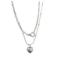 Titanium Steel Necklace with zinc alloy pendant with 5cm extender chain Heart silver color plated Double Layer & fashion jewelry & for woman silver color Length 40 cm 44 cm Sold By PC