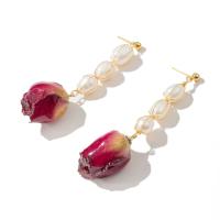 Freshwater Pearl Earrings, with Brass, Rose, fashion jewelry & for woman, 70x18mm, Sold By Pair