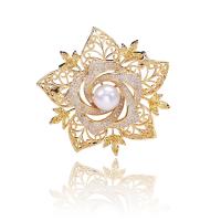 Cubic Zirconia Brooch Brass with Plastic Pearl fashion jewelry & micro pave cubic zirconia & for woman golden Sold By PC