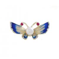 Enamel Brooch, Tibetan Style, with Plastic Pearl, Butterfly, gold color plated, Unisex & with rhinestone, mixed colors, nickel, lead & cadmium free, 35x15mm, Sold By PC