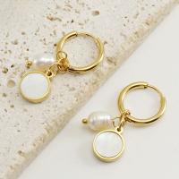 Titanium Steel  Earring, with Shell & Plastic Pearl, 18K gold plated, fashion jewelry & for woman, golden, 33mm, Sold By Pair