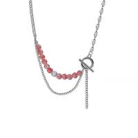 Titanium Steel Necklace, with Strawberry Quartz, fashion jewelry & for woman, pink, Length:56 cm, Sold By PC