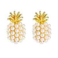 Tibetan Style Stud Earring, with Plastic Pearl, Pineapple, gold color plated, fashion jewelry & for woman, white, nickel, lead & cadmium free, 25x15mm, Sold By Pair