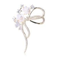 Cubic Zirconia Brooch, Brass, with Shell & Plastic Pearl, gold color plated, micro pave cubic zirconia & for woman, more colors for choice, nickel, lead & cadmium free, 45x66mm, Sold By PC