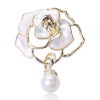 Plastic perle broche, Messing, med White Shell & Plastic Pearl, Rose, forgyldt, for kvinde, flere farver til valg, nikkel, bly & cadmium fri, 36x51mm, Solgt af PC