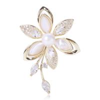 Cubic Zirconia Brooch Brass with White Shell & Plastic Pearl Flower gold color plated micro pave cubic zirconia & for woman white nickel lead & cadmium free Sold By PC