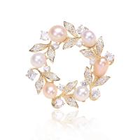 Cubic Zirconia Brooch Brass with Plastic Pearl gold color plated micro pave cubic zirconia & for woman mixed colors nickel lead & cadmium free Sold By PC