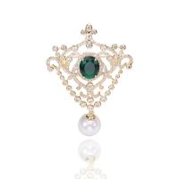 Cubic Zirconia Brooch, Brass, with Plastic Pearl, gold color plated, micro pave cubic zirconia & for woman, green, nickel, lead & cadmium free, 42x60mm, Sold By PC