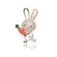 Cubic Zirconia Brooch, Brass, Rabbit, gold color plated, micro pave cubic zirconia & for woman & enamel, orange, nickel, lead & cadmium free, 30x49mm, Sold By PC