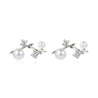 Brass Stud Earring, with ABS Plastic Pearl, silver color plated, fashion jewelry & for woman, silver color, 18mm, Sold By Pair