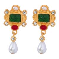 Rhinestone Earring, Tibetan Style, with ABS Plastic Pearl & Resin & Acrylic, gold color plated, fashion jewelry & for woman & with rhinestone, multi-colored, 62x30mm, Sold By Pair