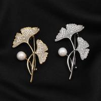 Rhinestone Brooch, Tibetan Style, with Plastic Pearl, Ginkgo Leaf, fashion jewelry & for woman & with rhinestone, more colors for choice, nickel, lead & cadmium free, 52x29mm, Sold By PC