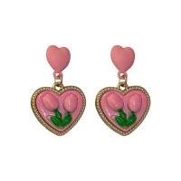 Tibetan Style Drop Earrings, Heart, gold color plated, fashion jewelry & for woman & enamel, pink, nickel, lead & cadmium free, 24x13mm, Sold By Pair