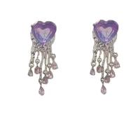 Zinc Alloy Drop Earrings with Glass Rhinestone Heart silver color plated fashion jewelry & for woman purple nickel lead & cadmium free Sold By Pair
