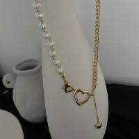 Titanium Steel Necklace with Plastic Pearl Heart real gold plated for woman & hollow Length Approx 16 Inch Sold By PC