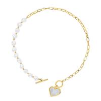 Titanium Steel Necklace with White Shell & Freshwater Pearl gold color plated for woman Length Approx 15.75 Inch Sold By Lot
