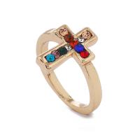 Strasszos Finger Ring, Cink ötvözet, Kereszt, arany színű aranyozott, divat ékszerek & a nő, sokszínű, 17mm, Által értékesített Strand