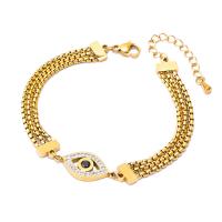 Bracelet Evil Eye bijoux, Acier inoxydable 304, avec 5cm chaînes de rallonge, trois couches & pour femme & avec strass, doré, 17x10mm, Longueur:Environ 16 cm, Vendu par PC