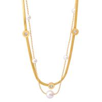 Mode-Multi-Layer-Halskette, 304 Edelstahl, mit kubischer Zirkonia & Kunststoff Perlen, mit Verlängerungskettchen von 5cm, rund, Doppelschicht & für Frau, weiß, 10mm,8mm, Länge ca. 39 cm, ca. 42 cm, verkauft von PC