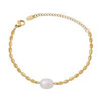 Titanium Steel Bracelet & Bangle, with Freshwater Pearl, with 1.97inch extender chain, fashion jewelry & for woman, golden, 2.5mm,7mm, Length:Approx 5.91 Inch, Sold By PC