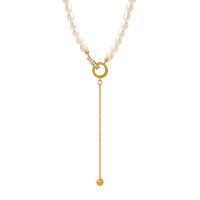 Natural Freshwater Pearl Necklace, with Titanium Steel, with 2.76inch extender chain, plated, fashion jewelry & micro pave cubic zirconia & for woman, golden, Length:Approx 15.75 Inch, Sold By PC