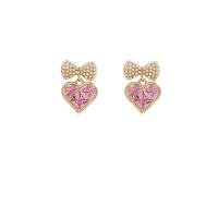 Cubic Zirconia Micro Pave Brass Earring with Cubic Zirconia & Plastic Pearl Heart gold color plated fashion jewelry & for woman pink nickel lead & cadmium free Sold By Pair