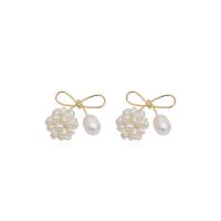 Brass Stud Earring with Plastic Pearl Bowknot gold color plated fashion jewelry & for woman golden nickel lead & cadmium free Sold By Pair