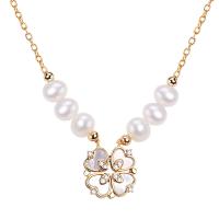 Freshwater Pearl Brass Necklace, with Shell & Brass, with 1.96 inch extender chain, 18K gold plated, micro pave cubic zirconia & for woman, more colors for choice, Length:Approx 15.75 Inch, 5PCs/Lot, Sold By Lot