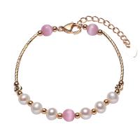 Freshwater Cultured Pearl Bracelet Freshwater Pearl with Copper Alloy & Cats Eye with 1.57 inch extender chain 18K gold plated for woman Length Approx 6.3 Inch Sold By Lot