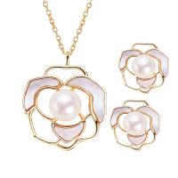 Natural Cultured Freshwater Pearl Jewelry Sets, with Shell & Brass, Flower, plated, different styles for choice & for woman, more colors for choice, 5PCs/Lot, Sold By Lot