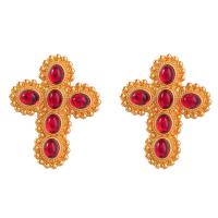 Resin Earring, Tibetan Style, with Resin Rhinestone, Cross, gold color plated, fashion jewelry & for woman, more colors for choice, nickel, lead & cadmium free, 39x48mm, Sold By Pair