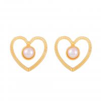 Tibetan Style Stud Earring, with ABS Plastic Pearl, Heart, gold color plated, fashion jewelry & for woman, golden, 18x19mm, Sold By Pair