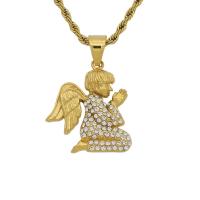 Stainless Steel Pendants, 316L Stainless Steel, Angel, Vacuum Ion Plating, fashion jewelry & for woman & with rhinestone, golden, 33x46mm, Sold By PC