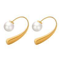 Titanium Steel  Earring, with Plastic Pearl, plated, fashion jewelry & for woman, golden, 5*27mm,8mm, Sold By Pair