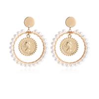 Tibetan Style Drop Earrings, with Plastic Pearl, Round, gold color plated, fashion jewelry & for woman, golden, nickel, lead & cadmium free, 70x65mm, Sold By Pair