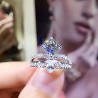 Anilo de dedo, metal, Corona, chapado en platina real, ajustable & para mujer & con diamantes de imitación, tamaño:6-8, Vendido por UD