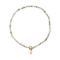 Natural Gemstone Necklace, ​Amazonite​, with Freshwater Pearl & Brass, 18K gold plated, fashion jewelry & for woman, Length:Approx 44 cm, Sold By PC