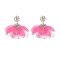 Earring Jewelry Cloth with Zinc Alloy Flower gold color plated fashion jewelry & for woman & with rhinestone Sold By Pair