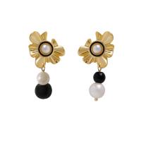 Asymmetric Earrings, Brass, with Plastic Pearl, Flower, gold color plated, fashion jewelry & for woman, nickel, lead & cadmium free, 21x36mm, Sold By Pair